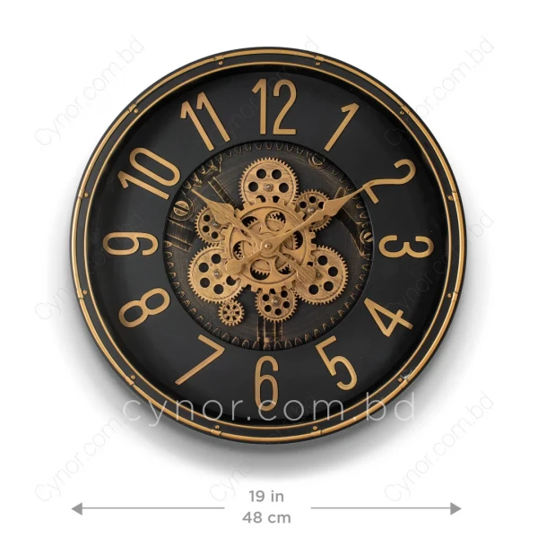 WC505-Black-2-Antique Industrial Design Black Color Moving Mechanical Golden Dial Wall Clock (3)