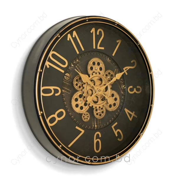 WC505-Black-2-Antique Industrial Design Black Color Moving Mechanical Golden Dial Wall Clock (4)