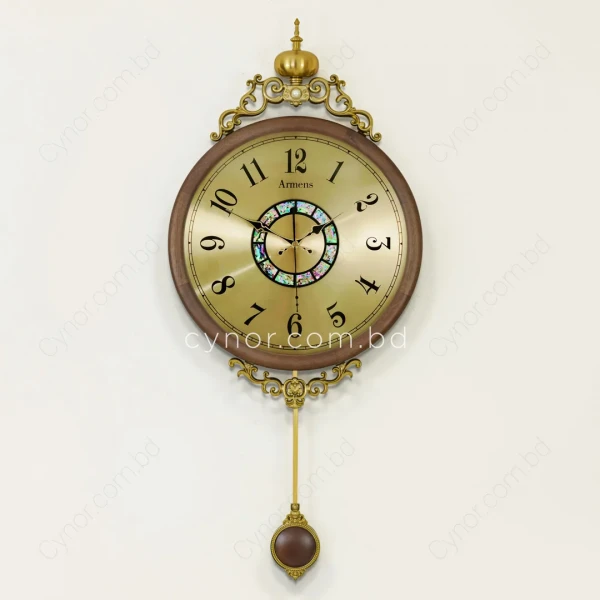 WC684-Golden-Luxury Ornate Pendulum Wall Clock with Wooden Body and Golden Metal Accents (2)