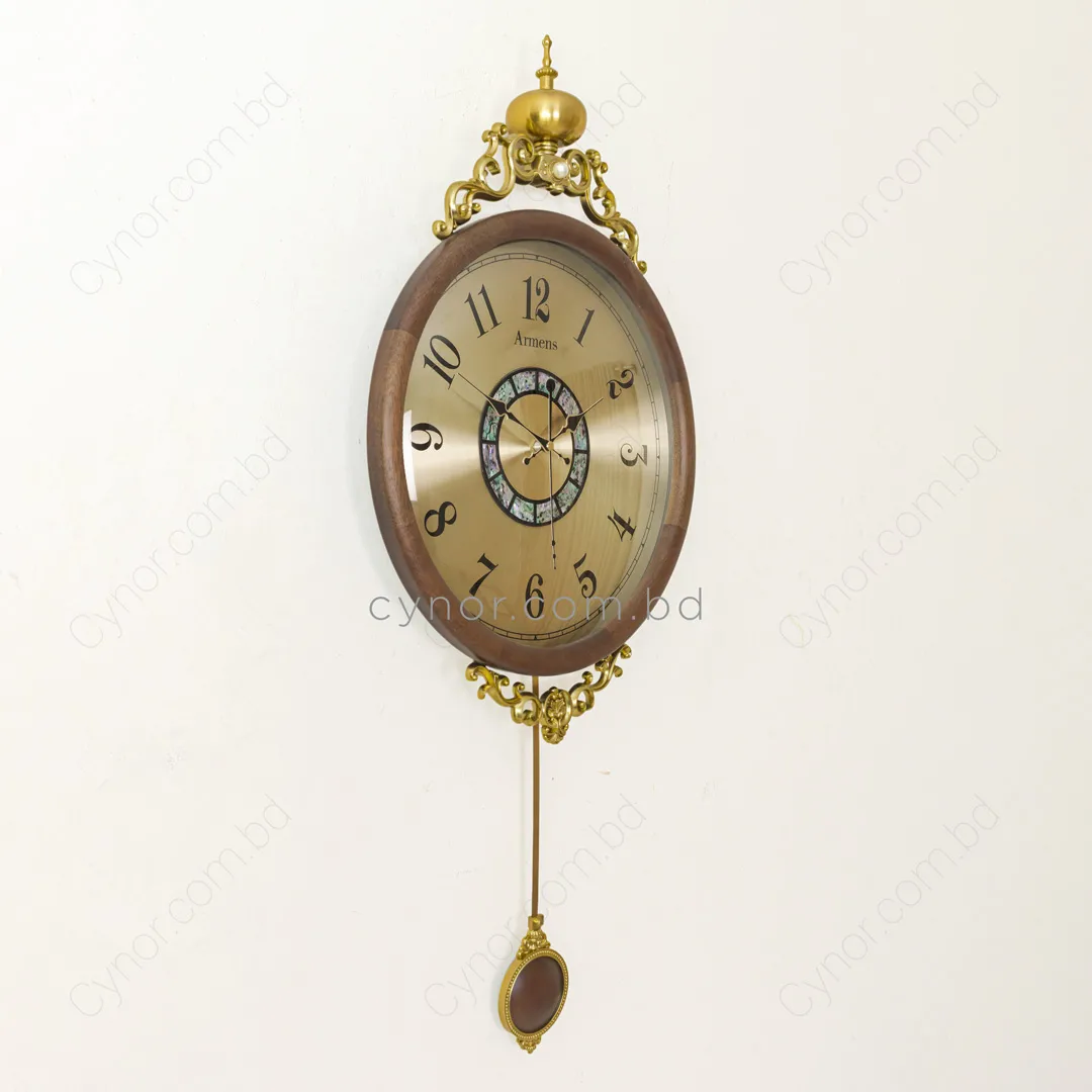 WC684-Golden-Luxury Ornate Pendulum Wall Clock with Wooden Body and Golden Metal Accents (3) WC684-Golden-Luxury Ornate Pendulum Wall Clock with Wooden Body and Golden Metal Accents (3)
