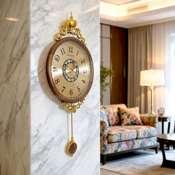 WC684-Golden-Luxury Ornate Pendulum Wall Clock with Wooden Body and Golden Metal Accents (8)
