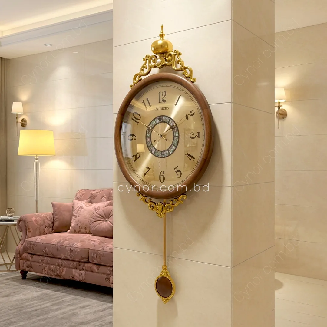 WC684-Golden-Luxury Ornate Pendulum Wall Clock with Wooden Body and Golden Metal Accents (9) WC684-Golden-Luxury Ornate Pendulum Wall Clock with Wooden Body and Golden Metal Accents (9)