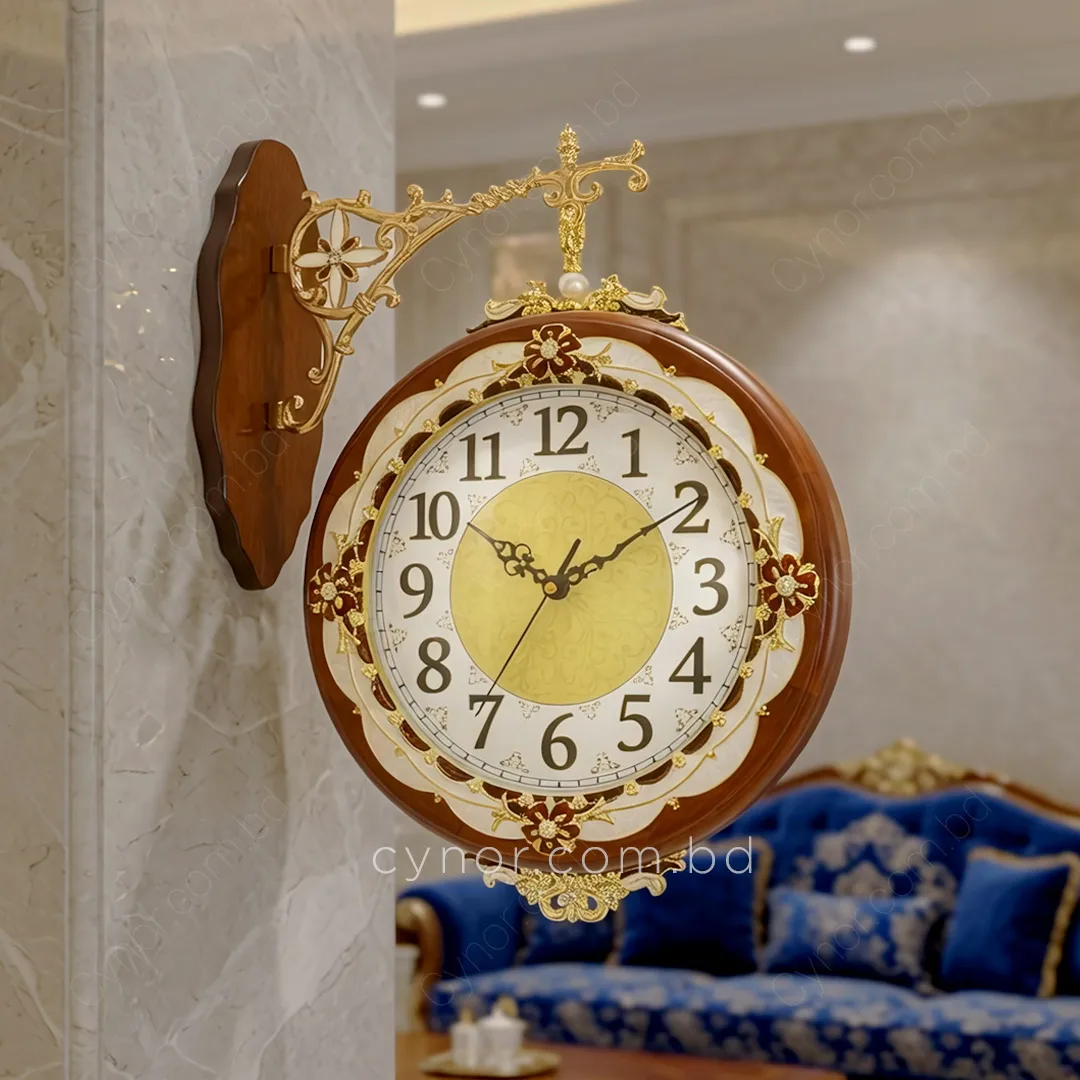 WC760-Luxury Double Sided Station Wall Clock with Wooden Body and Ornate Metal Design (1) WC760-Luxury Double Sided Station Wall Clock with Wooden Body and Ornate Metal Design (1)