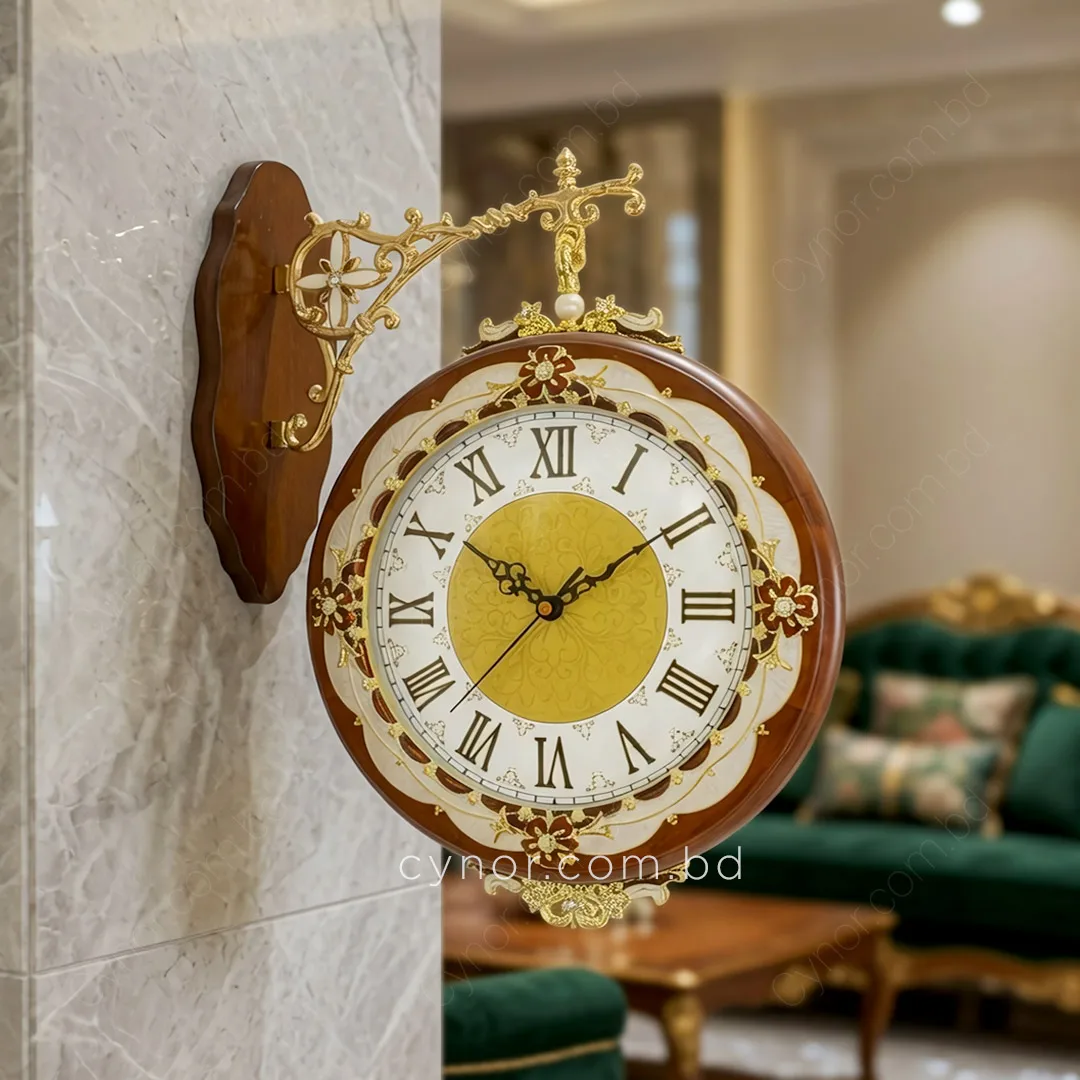 WC760-Luxury Double Sided Station Wall Clock with Wooden Body and Ornate Metal Design (3) WC760-Luxury Double Sided Station Wall Clock with Wooden Body and Ornate Metal Design (3)
