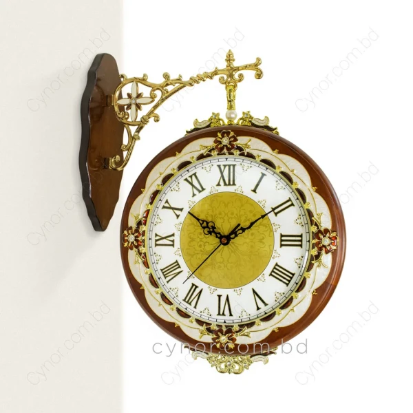 WC760-Luxury Double Sided Station Wall Clock with Wooden Body and Ornate Metal Design (6)