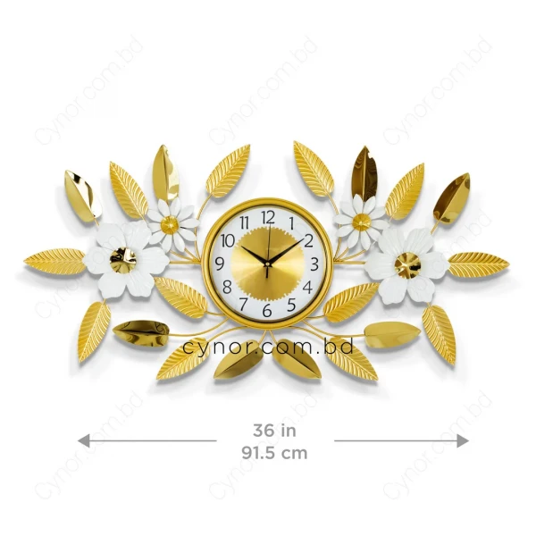 WC764-Stainless Steel Golden Leaf and White Blossom Luxury Home Wall Clock (2)