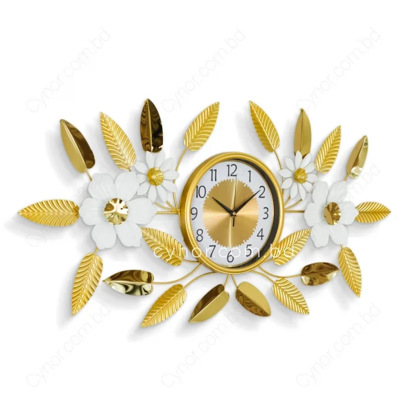 WC764-Stainless Steel Golden Leaf and White Blossom Luxury Home Wall Clock (3)