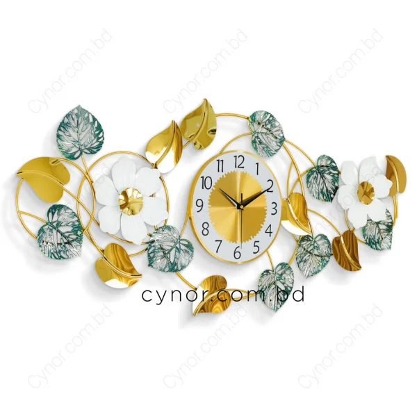 WC765-Golden and Green Botanical Design Stainless Steel Decorative Wall Clock (3)
