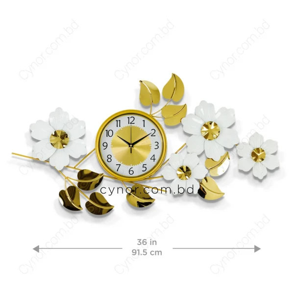 WC766-Stainless Steel Golden and White Blossom Botanical Design Decorative Wall Clock (3)