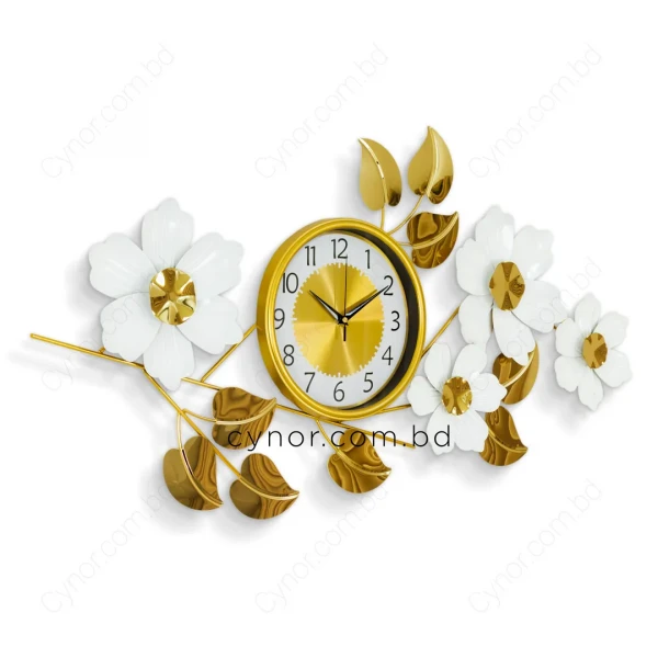 WC766-Stainless Steel Golden and White Blossom Botanical Design Decorative Wall Clock (4)