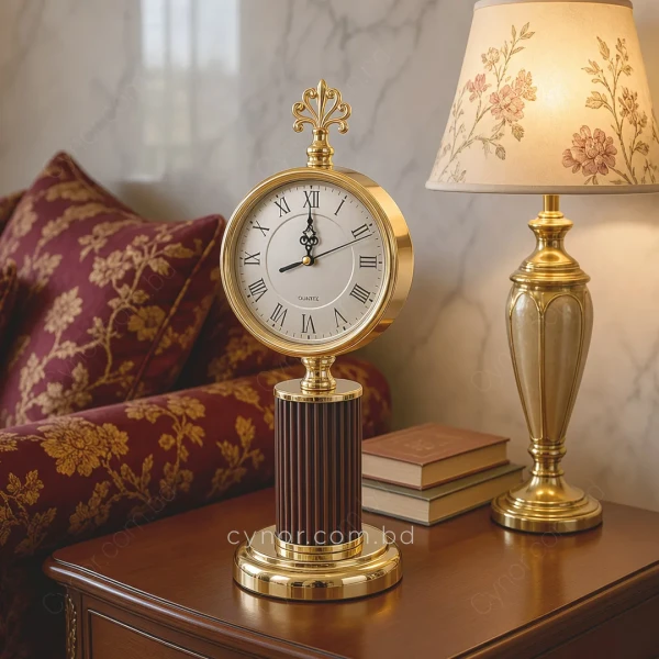 WC767-Chocolate-Vintage Ornate Golden Metal Table Clock with Chocolate Fiber Column and Glass Dial (1)