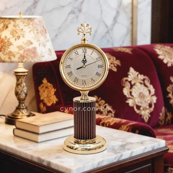 WC767-Chocolate-Vintage Ornate Golden Metal Table Clock with Chocolate Fiber Column and Glass Dial (7)