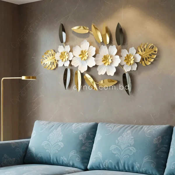 WR734-Aquatic Floral Metal Wall Decor Golden White and Black Stainless Steel Art (1)