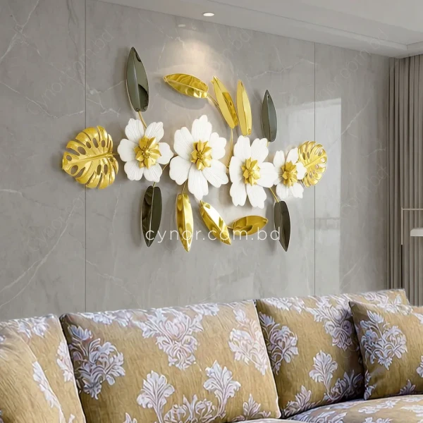 WR734-Aquatic Floral Metal Wall Decor Golden White and Black Stainless Steel Art (9)