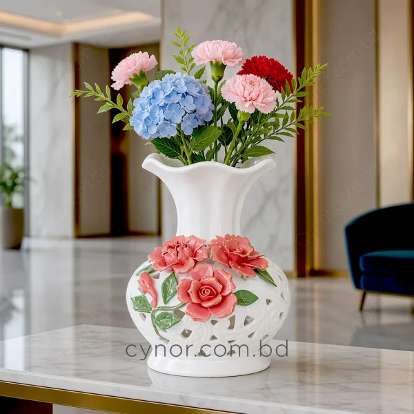 HD269-Premium-White-Ceramic-Scalloped-Vase-with-Raised-Floral-Design-and-Cutouts-Pattern-9