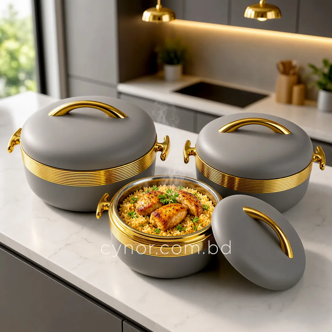 KC254-1-3 Pcs Luxury Golden Accent Insulated Stainless Steel Thermoware Hotpot Casserole Set (9) KC254-1-3 Pcs Luxury Golden Accent Insulated Stainless Steel Thermoware Hotpot Casserole Set (9)