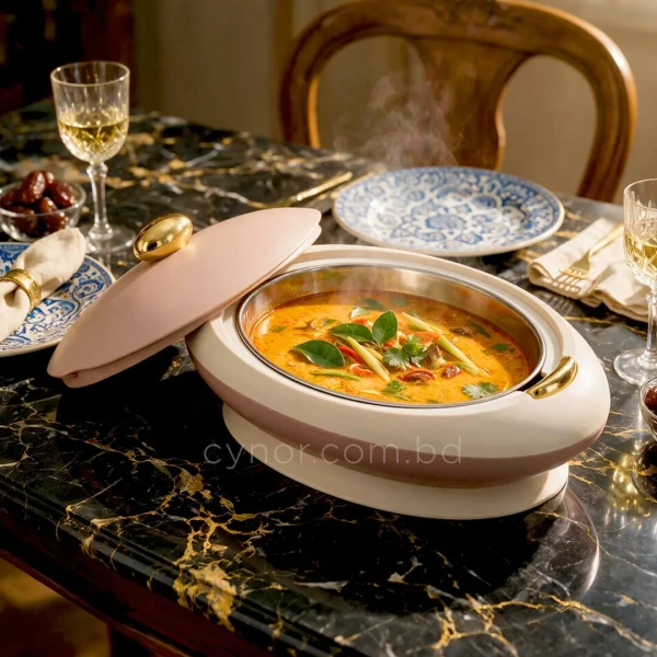 KC255-1-5L Luxury Oval Stainless Steel Insulated Casserole Hotpot Beige Color Golden Accent (1)
