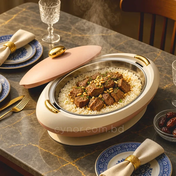KC255-1-5L Luxury Oval Stainless Steel Insulated Casserole Hotpot Beige Color Golden Accent (3)