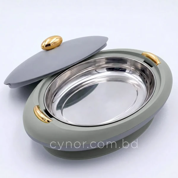 KC255-2-5L Luxury Oval Stainless Steel Insulated Casserole Hotpot Sage Green Gray Color Golden Knob (2)