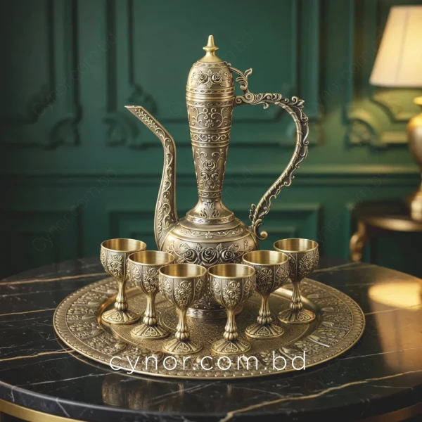KC259-Antique-Brass-Surai-Set-with-Ornate-Rose-Engravings-6-Cups-1-Jug-1-Plate-9