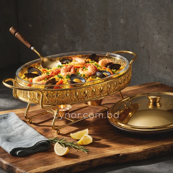 KC264-Premium-Oval-Chafing-Dish-Food-Warmer-Golden-Metal-Frame-Tempered-Glass-and-Tealight-Candle-Heating-10