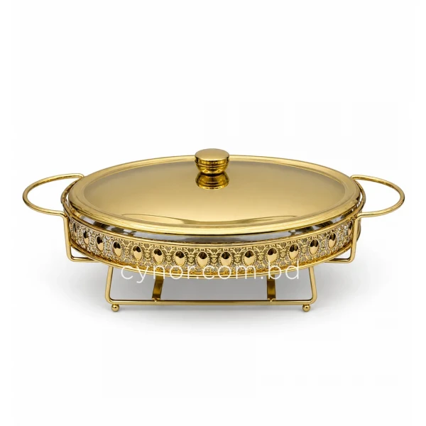 KC264-Premium-Oval-Chafing-Dish-Food-Warmer-Golden-Metal-Frame-Tempered-Glass-and-Tealight-Candle-Heating-2