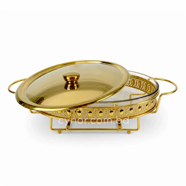 KC264-Premium-Oval-Chafing-Dish-Food-Warmer-Golden-Metal-Frame-Tempered-Glass-and-Tealight-Candle-Heating-4