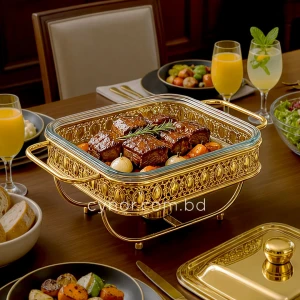 KC265-Premium-Square-Chafing-Dish-Food-Warmer-Golden-Metal-Frame-Tempered-Glass-and-Tealight-Candle-Heating-10