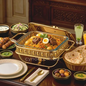 KC265-Premium-Square-Chafing-Dish-Food-Warmer-Golden-Metal-Frame-Tempered-Glass-and-Tealight-Candle-Heating-11