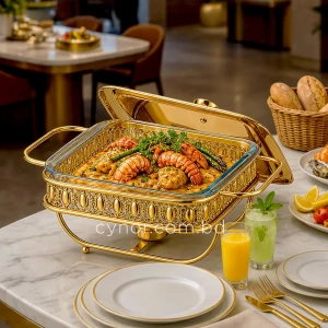 KC265-Premium-Square-Chafing-Dish-Food-Warmer-Golden-Metal-Frame-Tempered-Glass-and-Tealight-Candle-Heating-12