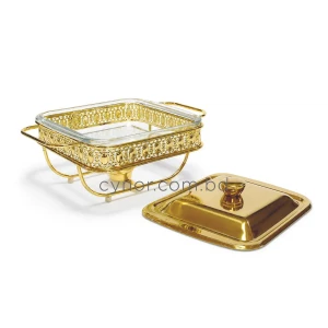 KC265-Premium-Square-Chafing-Dish-Food-Warmer-Golden-Metal-Frame-Tempered-Glass-and-Tealight-Candle-Heating-3