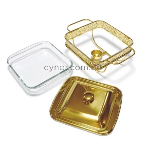 KC265-Premium-Square-Chafing-Dish-Food-Warmer-Golden-Metal-Frame-Tempered-Glass-and-Tealight-Candle-Heating-4