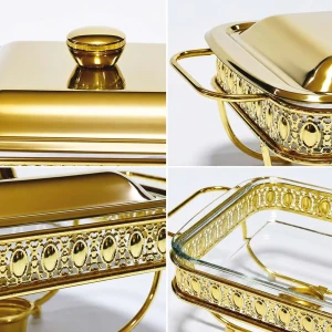 KC265-Premium-Square-Chafing-Dish-Food-Warmer-Golden-Metal-Frame-Tempered-Glass-and-Tealight-Candle-Heating-6