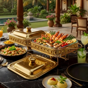 KC266-Luxury-Double-Square-Chafing-Dish-Set-–-Gold-Filigree-Frame-Tempered-Glass-inserts-and-Tealight-Candle-Warmer-1