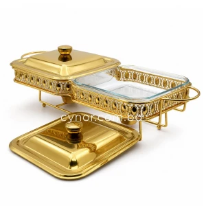 KC266-Luxury-Double-Square-Chafing-Dish-Set-–-Gold-Filigree-Frame-Tempered-Glass-inserts-and-Tealight-Candle-Warmer-2