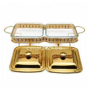 KC266-Luxury-Double-Square-Chafing-Dish-Set-–-Gold-Filigree-Frame-Tempered-Glass-inserts-and-Tealight-Candle-Warmer-5