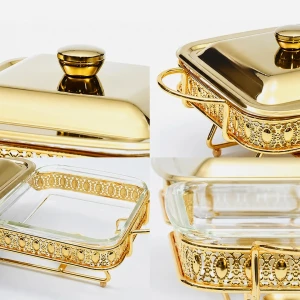 KC266-Luxury-Double-Square-Chafing-Dish-Set-–-Gold-Filigree-Frame-Tempered-Glass-inserts-and-Tealight-Candle-Warmer-7