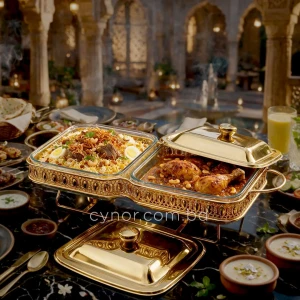 KC266-Luxury-Double-Square-Chafing-Dish-Set-–-Gold-Filigree-Frame-Tempered-Glass-inserts-and-Tealight-Candle-Warmer-8