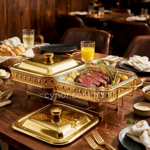 KC266-Luxury-Double-Square-Chafing-Dish-Set-–-Gold-Filigree-Frame-Tempered-Glass-inserts-and-Tealight-Candle-Warmer-9