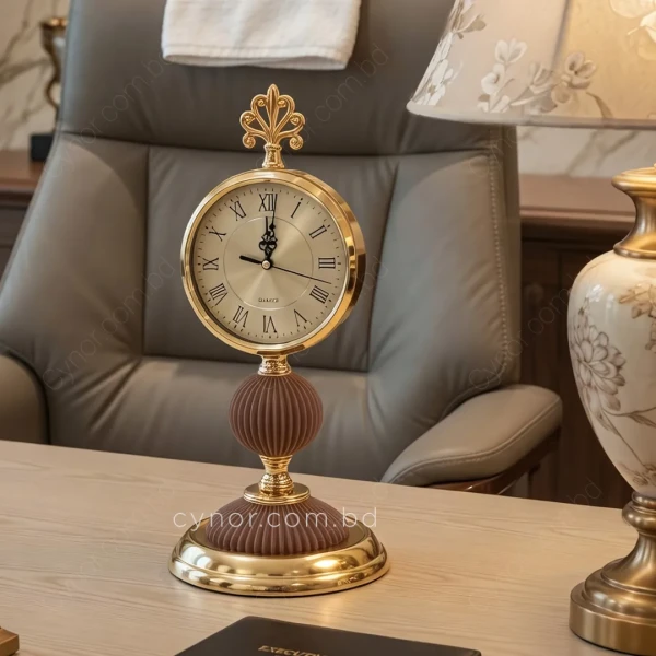 WC768-Chocolate-Vintage Ornate Golden and Chocolate Fiber Table Clock with Metal base and Glass Dial (1)