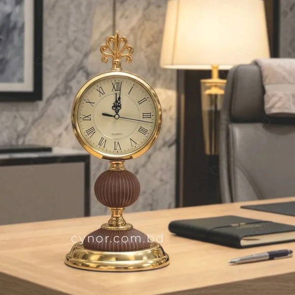 WC768-Chocolate-Vintage Ornate Golden and Chocolate Fiber Table Clock with Metal base and Glass Dial (7)