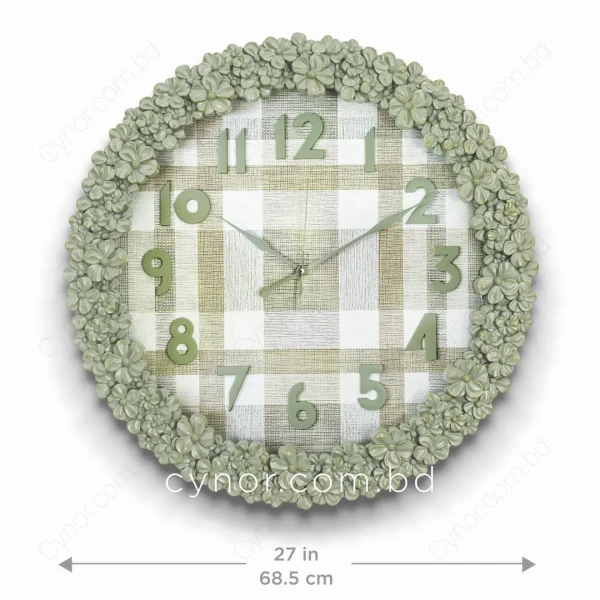 WC772-1-Floral Ornate Sage Green Wall Clock with Gingham Pattern Dial and Fiber Frame (2)
