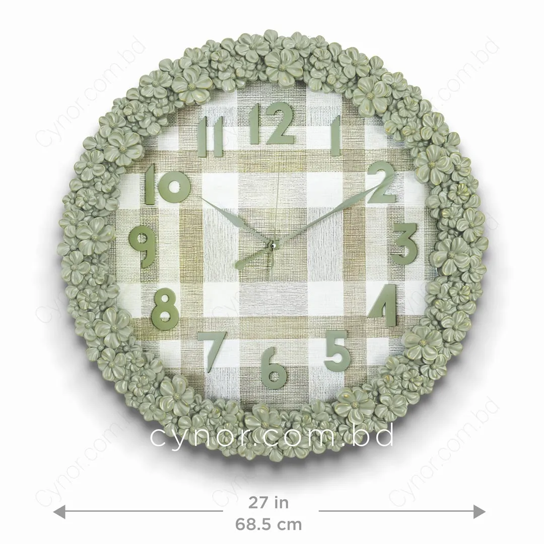 WC772-1-Floral Ornate Sage Green Wall Clock with Gingham Pattern Dial and Fiber Frame (2) WC772-1-Floral Ornate Sage Green Wall Clock with Gingham Pattern Dial and Fiber Frame (2)
