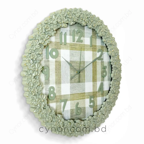 WC772-1-Floral Ornate Sage Green Wall Clock with Gingham Pattern Dial and Fiber Frame (3)