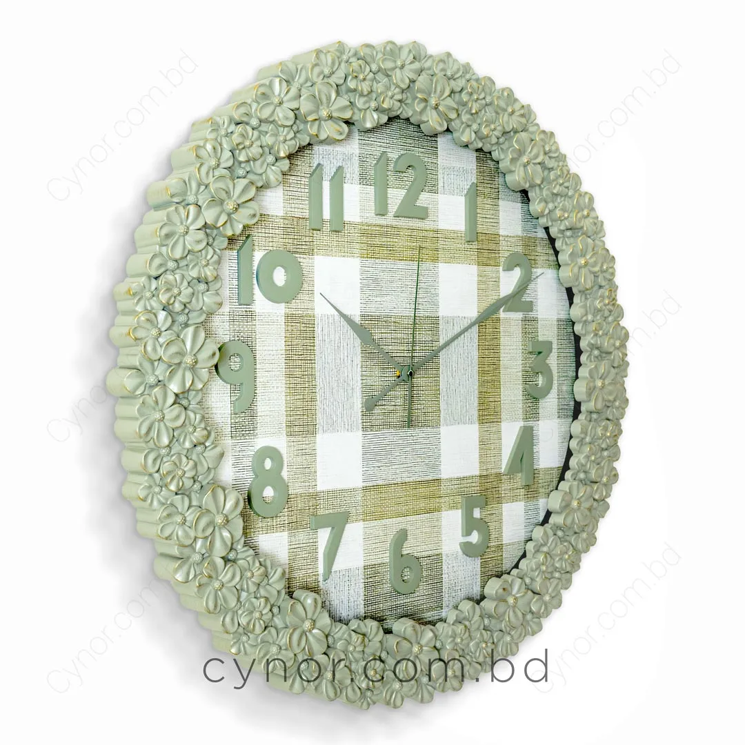 WC772-1-Floral Ornate Sage Green Wall Clock with Gingham Pattern Dial and Fiber Frame (3) WC772-1-Floral Ornate Sage Green Wall Clock with Gingham Pattern Dial and Fiber Frame (3)