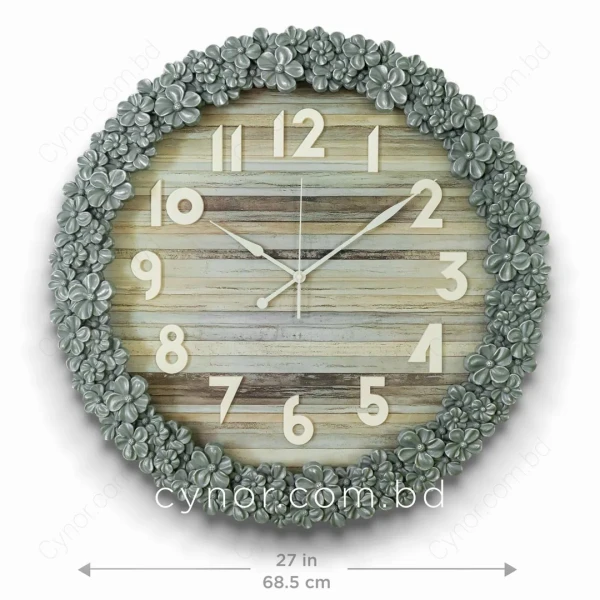 WC772-2-Floral Ornate Ash Blue Wall Clock with Wooden Pattern Dial and Fiber Frame (2)