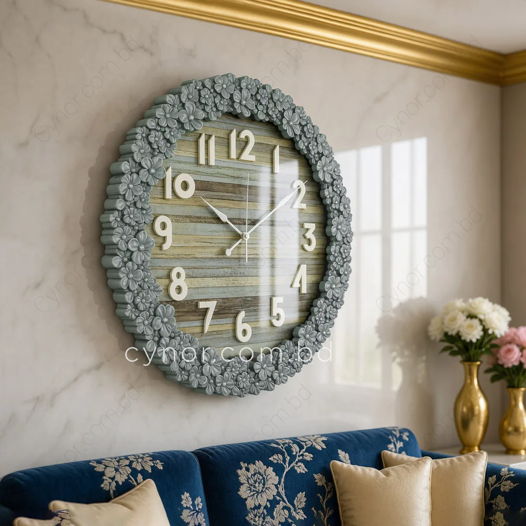 WC772-2-Floral Ornate Ash Blue Wall Clock with Wooden Pattern Dial and Fiber Frame (9) WC772-2-Floral Ornate Ash Blue Wall Clock with Wooden Pattern Dial and Fiber Frame (9)
