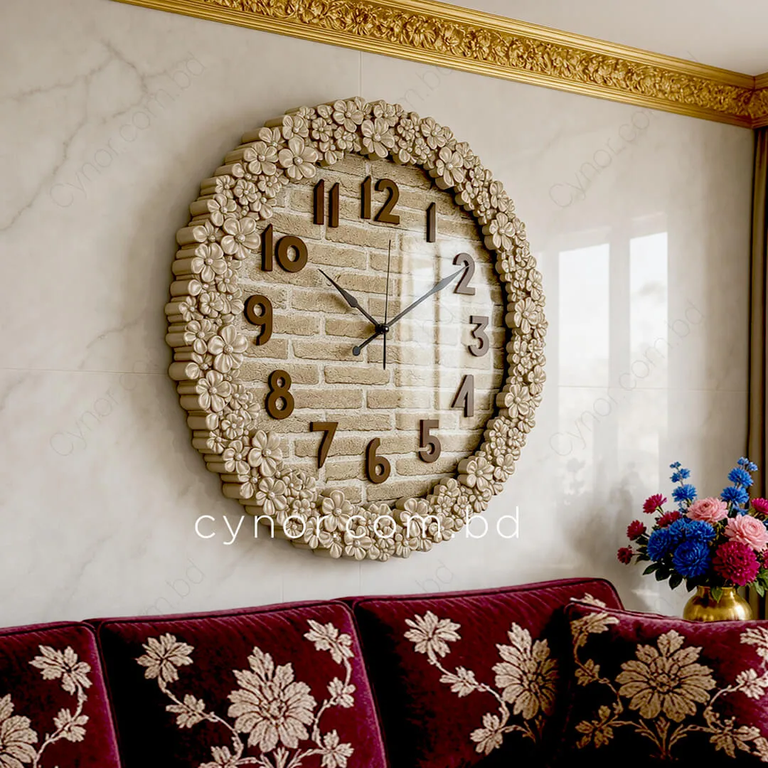 WC772-3-Floral Ornate Cream Wall Clock with Brick Pattern Dial and Fiber Frame (1) WC772-3-Floral Ornate Cream Wall Clock with Brick Pattern Dial and Fiber Frame (1)