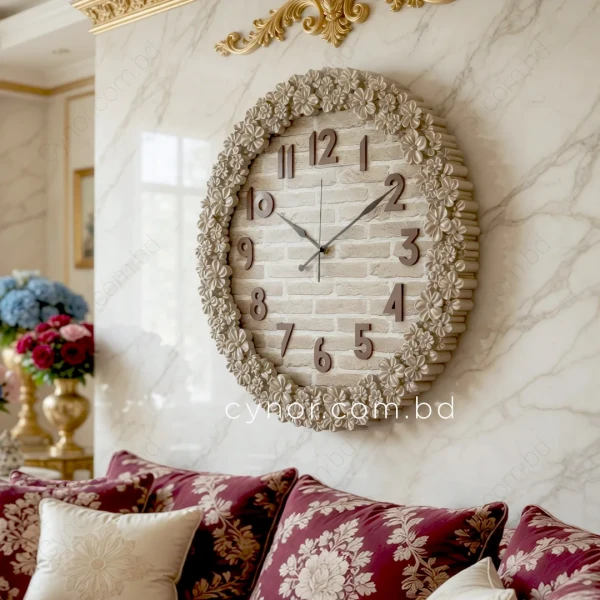 WC772-3-Floral Ornate Cream Wall Clock with Brick Pattern Dial and Fiber Frame (2)