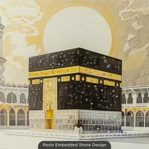 WR680-9-Kaaba Masjid al-Haram Wall Art with Resin Stone Design and Golden Aluminium Frame (4)